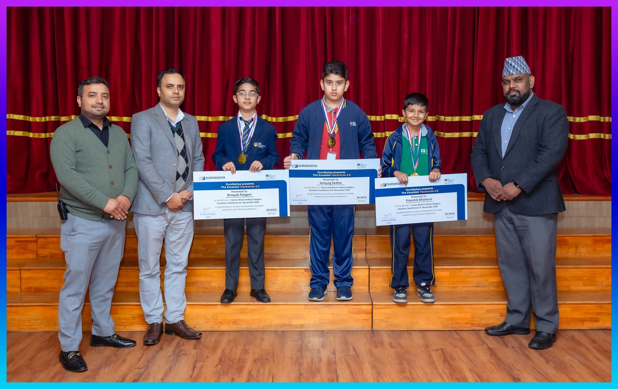 Student prize winners holding award cheques and medals