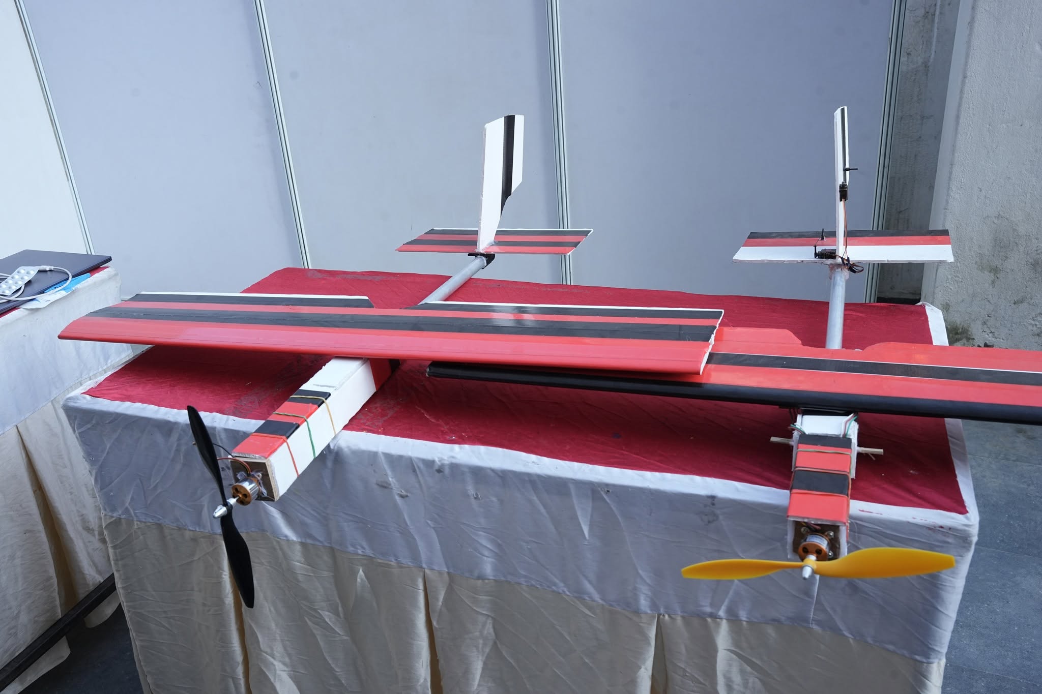 Student-built fixed-wing aircraft prototype on display